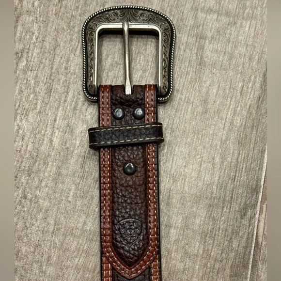 Ariat Mens Two-tone Leather Belt-A10004305 Brown Silver Buckle Size 34 NWOT - Picture 5 of 9